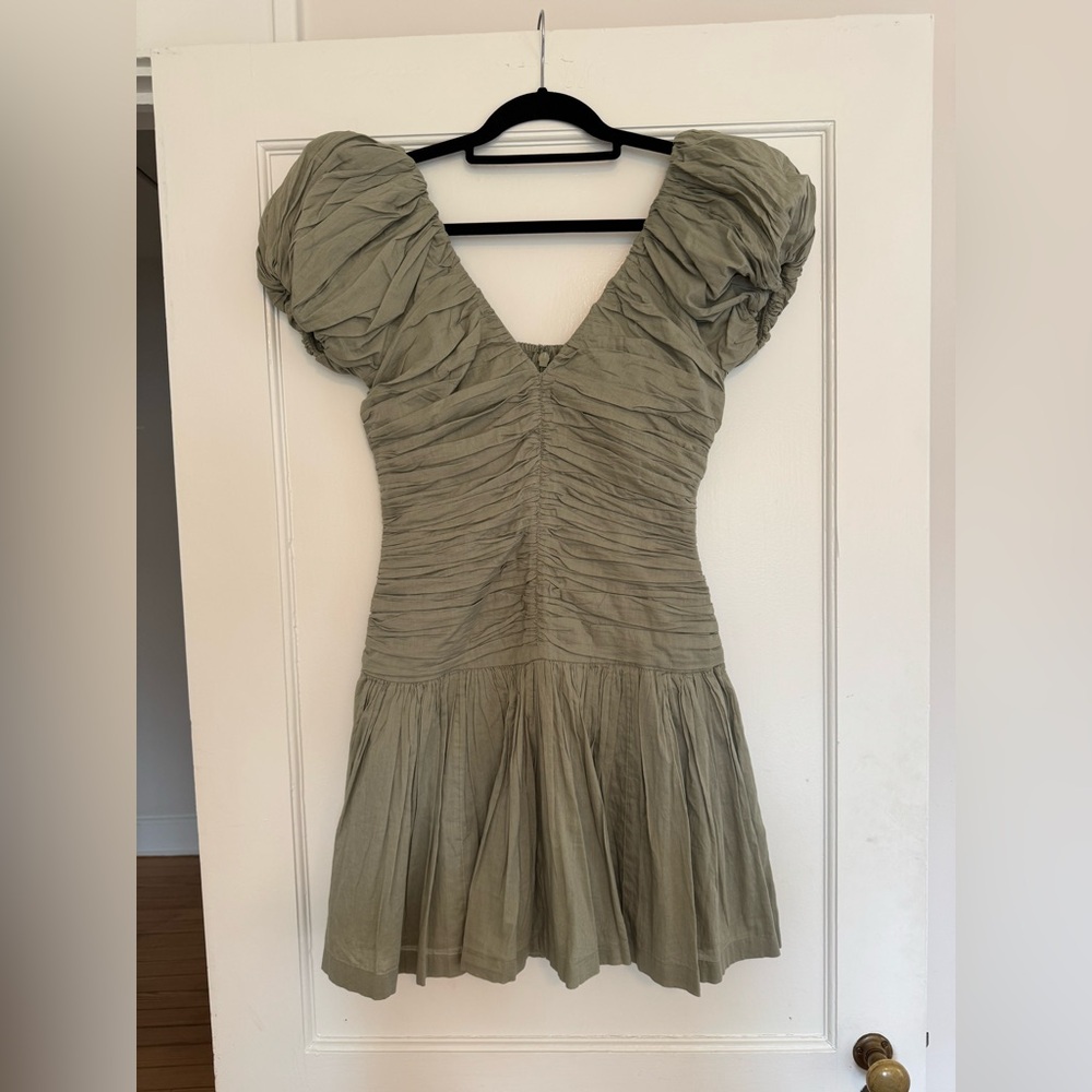 Abercrombie & Fitch Puff Sleeve Ruched Mini Dress - Olive color - Size S - NWT
